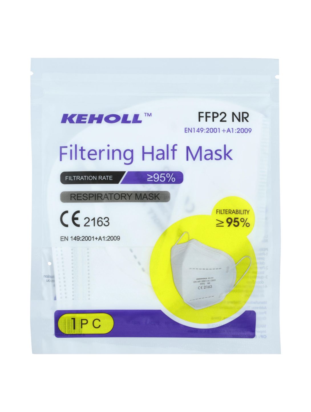 KEHOLL FFP2-Halbmaske in Schutzverpackung, Filterleistung ≥95% (EN149:2001+A1:2009)