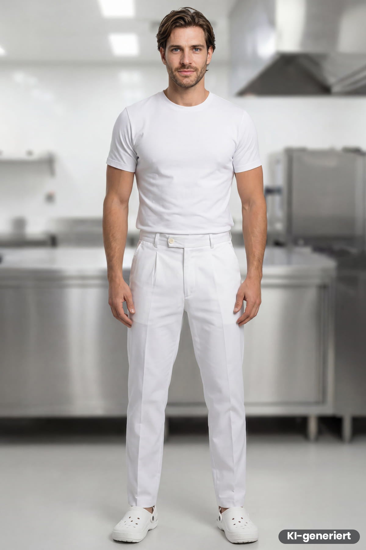 Bundfaltenhose für Herren in Weiß mit geradem Bein und Knopfverschluss