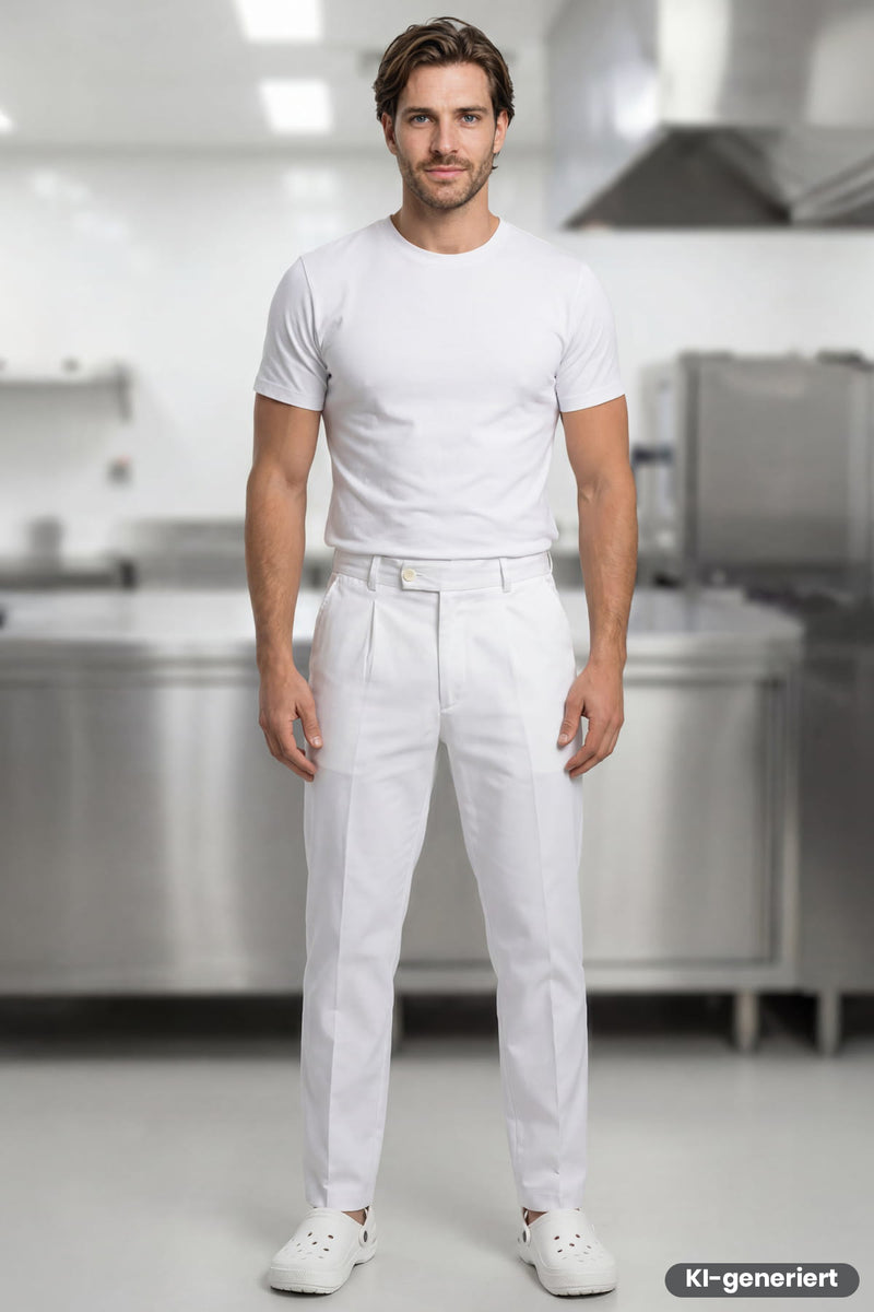 Bundfaltenhose für Herren in Weiß mit geradem Bein und Knopfverschluss