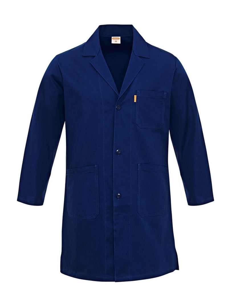 Herren-Arbeitskittel marineblau aus Baumwolle mit Knopfleiste, Kragen und Taschen