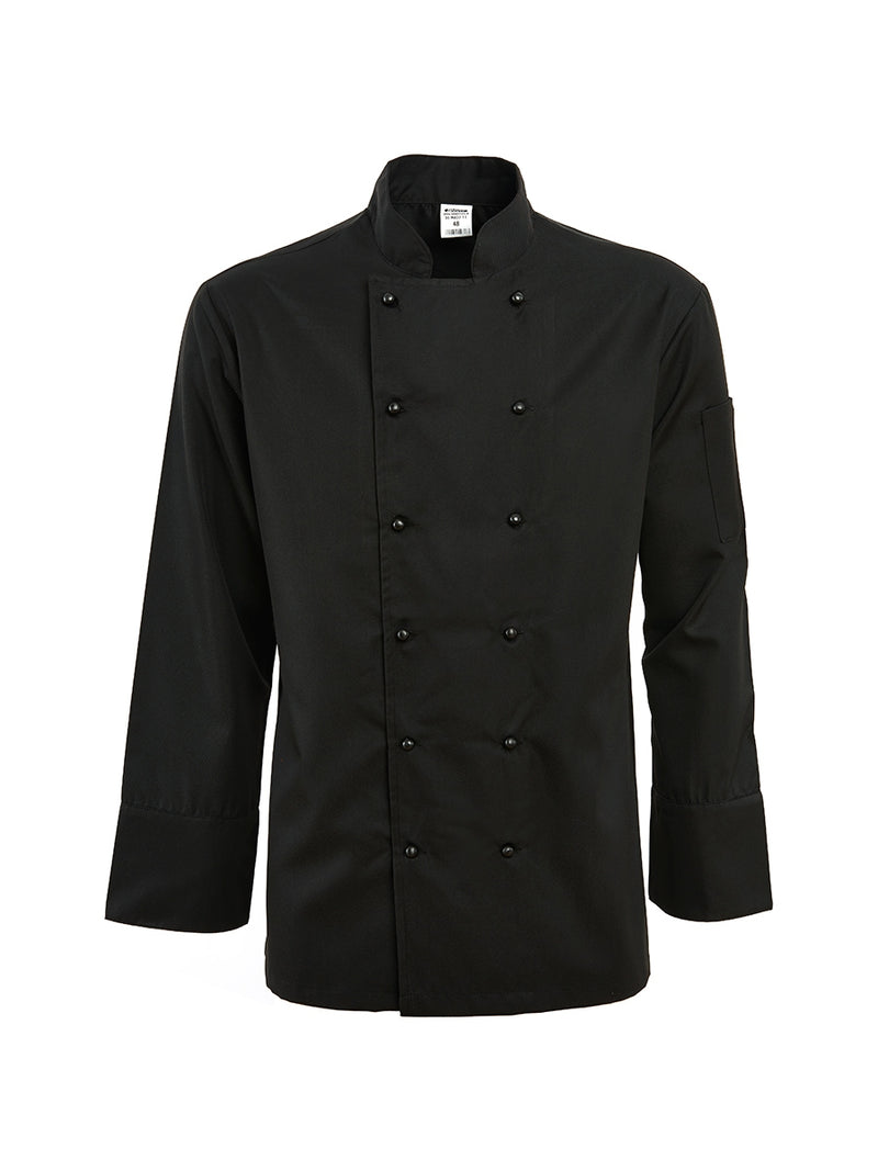 Schwarze Kochjacke mit doppelreihiger Knopfleiste und Stehkragen