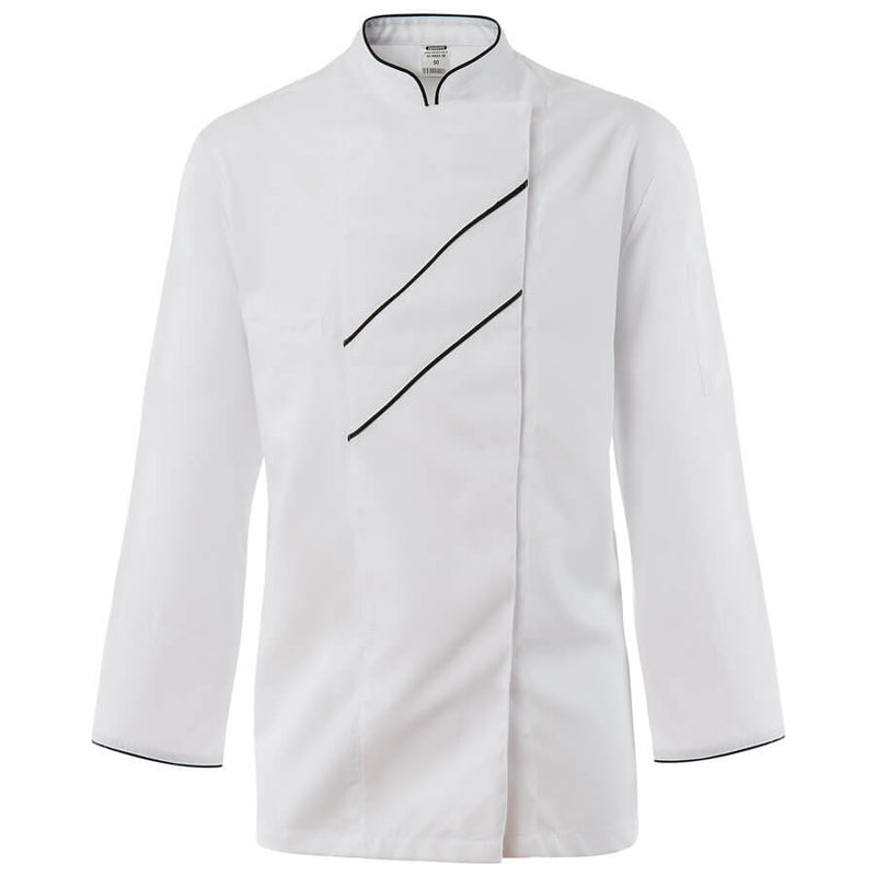 Weiße Damenkochjacke mit Stehkragen und diagonalen schwarzen Ziernähten