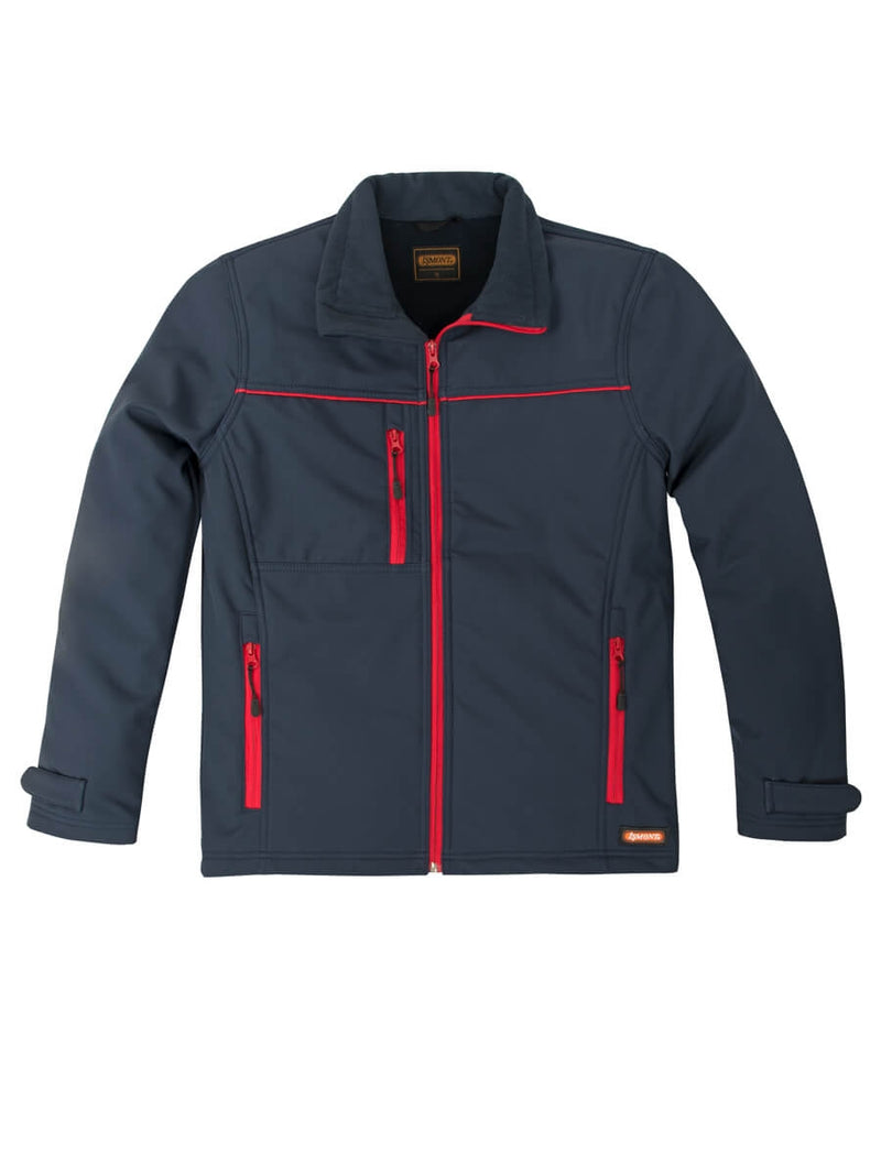 Dunkelblaue Softshell-Jacke mit durchgehendem Reißverschluss und roten Kontrastnähten