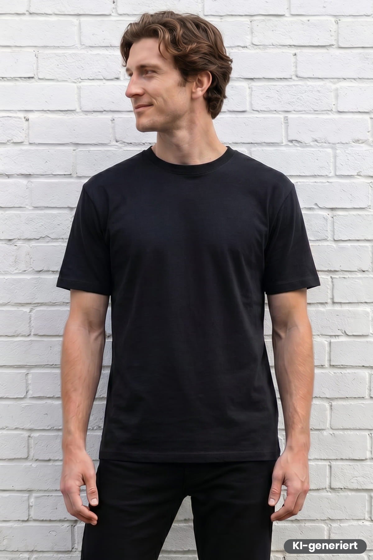 Schwarzes Rundhals-T-Shirt mit kurzem Ärmel