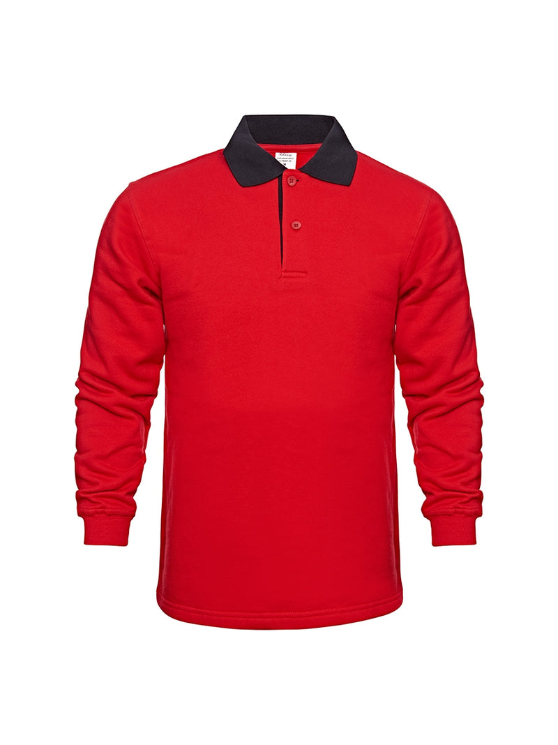 Herren-Poloshirt-Sweatshirt mit langen Ärmeln, rotes Shirt, dunkler Kragen