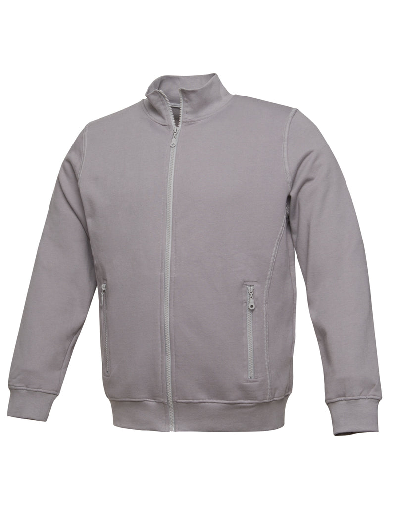 Grau melierte Herren-Sweatjacke mit durchgehendem Reißverschluss und Stehkragen