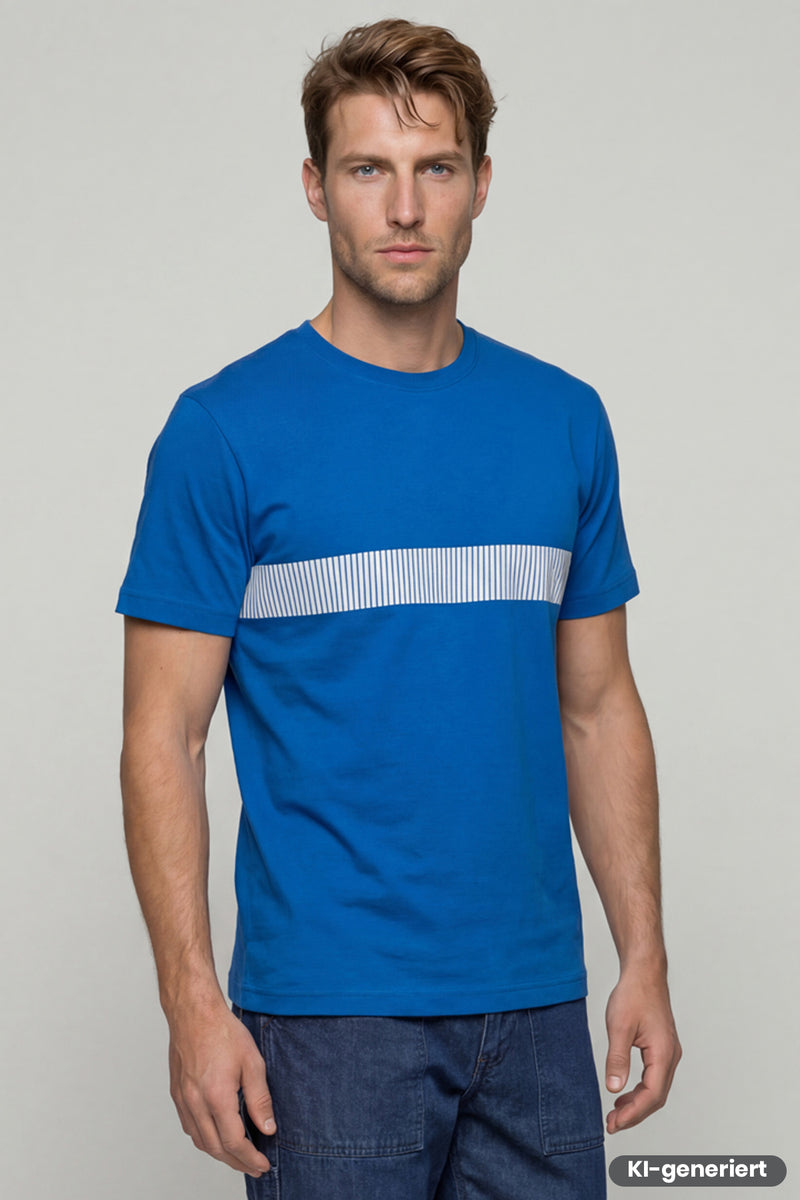 Herren T-Shirt Kornblau mit grauem Streifenband über der Brust, Rundhalsausschnitt