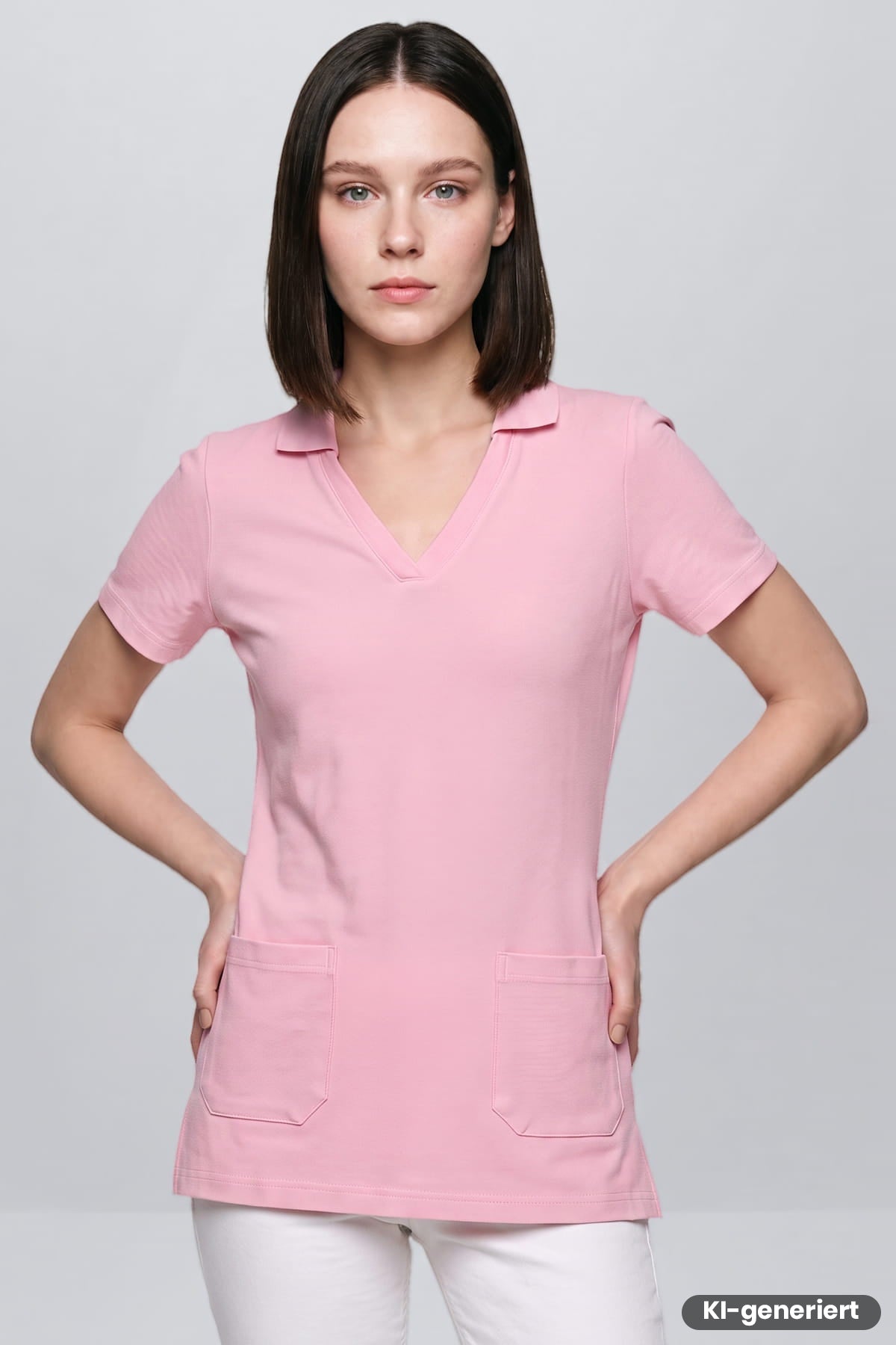 Rosa Polo-Tunika mit V-Ausschnitt, Kurzarm und Taschen vorn