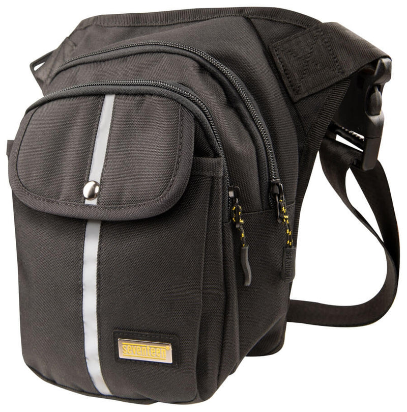 Gürteltasche dunkel, mit doppeltem Reißverschlussfach, breiten Trägern und reflektierendem Streifen