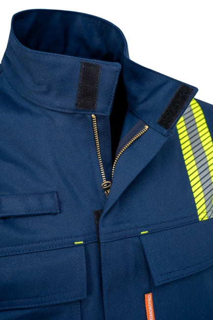 Schweißerjacke: Kragen und Frontreißverschluss, orangefarbener Zip-Zug, reflektierende Streifen