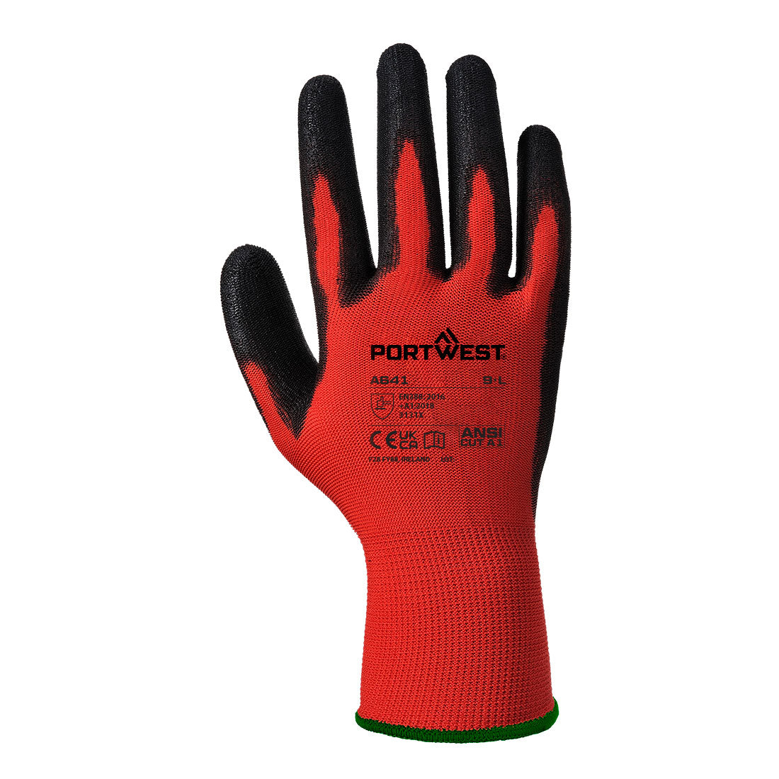 Handschuh aus rotem PU-Schaum mit schwarzer Handfläche und grüner Bündchenmanschette