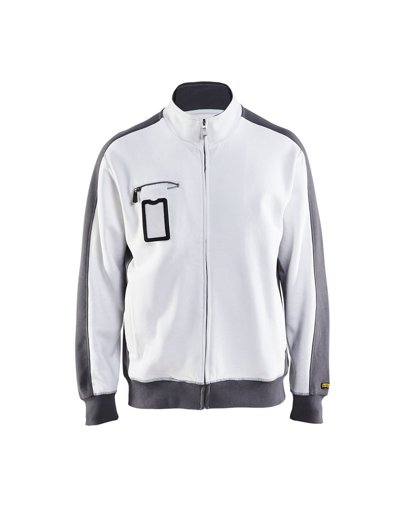 Weiß-graue Pulloverjacke mit kurzem Stehkragen, durchgehendem Reißverschluss und Rippbündchen
