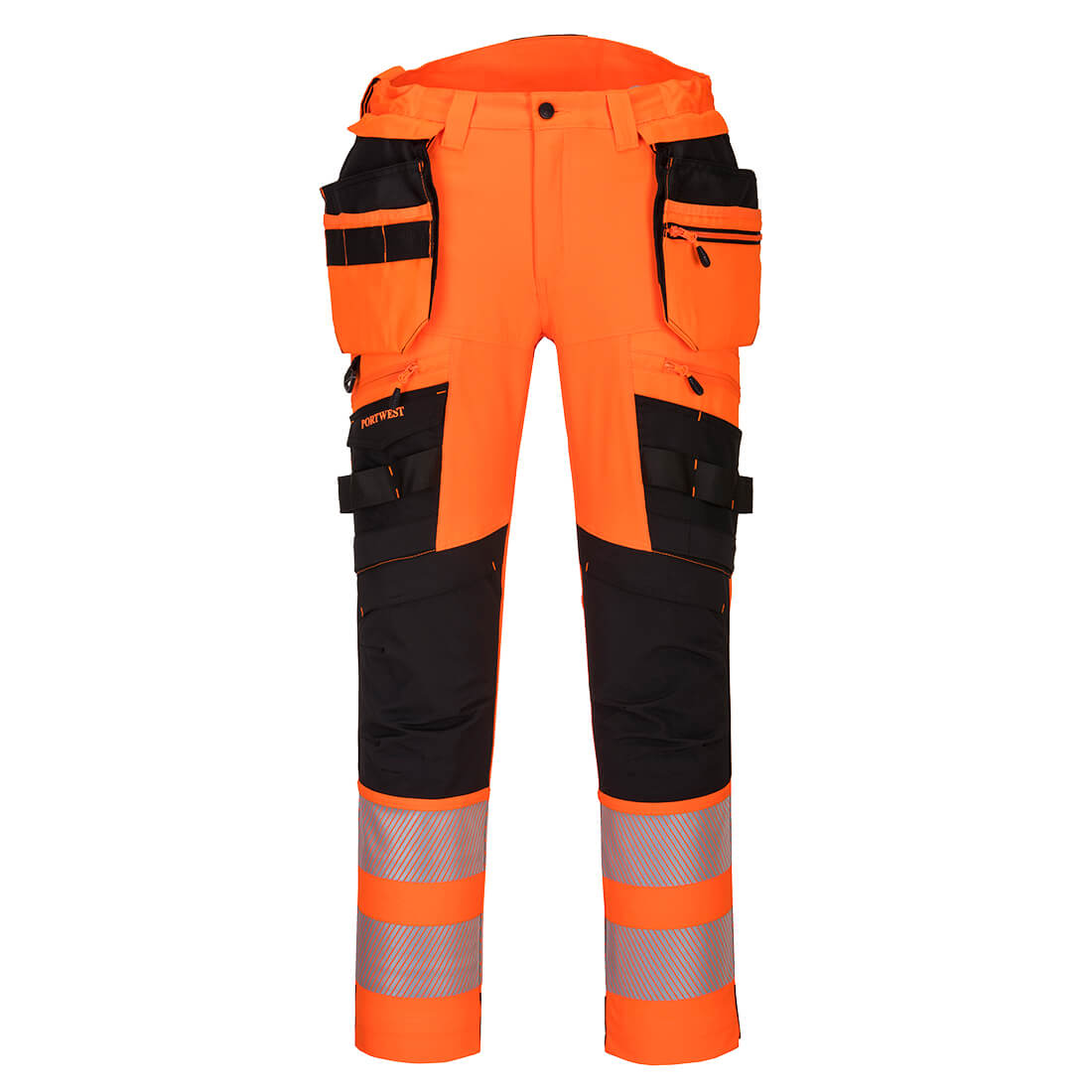 Warnschutzhose orange-schwarz mit reflektierenden Streifen und seitlichen Taschen