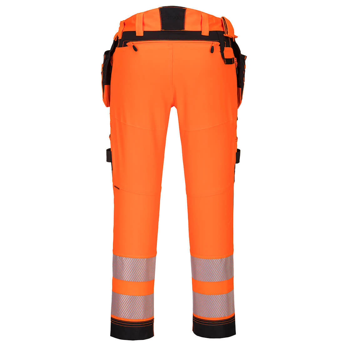 Warnschutzhose orange mit reflektierenden Bändern am Bein und schwarzem Saum