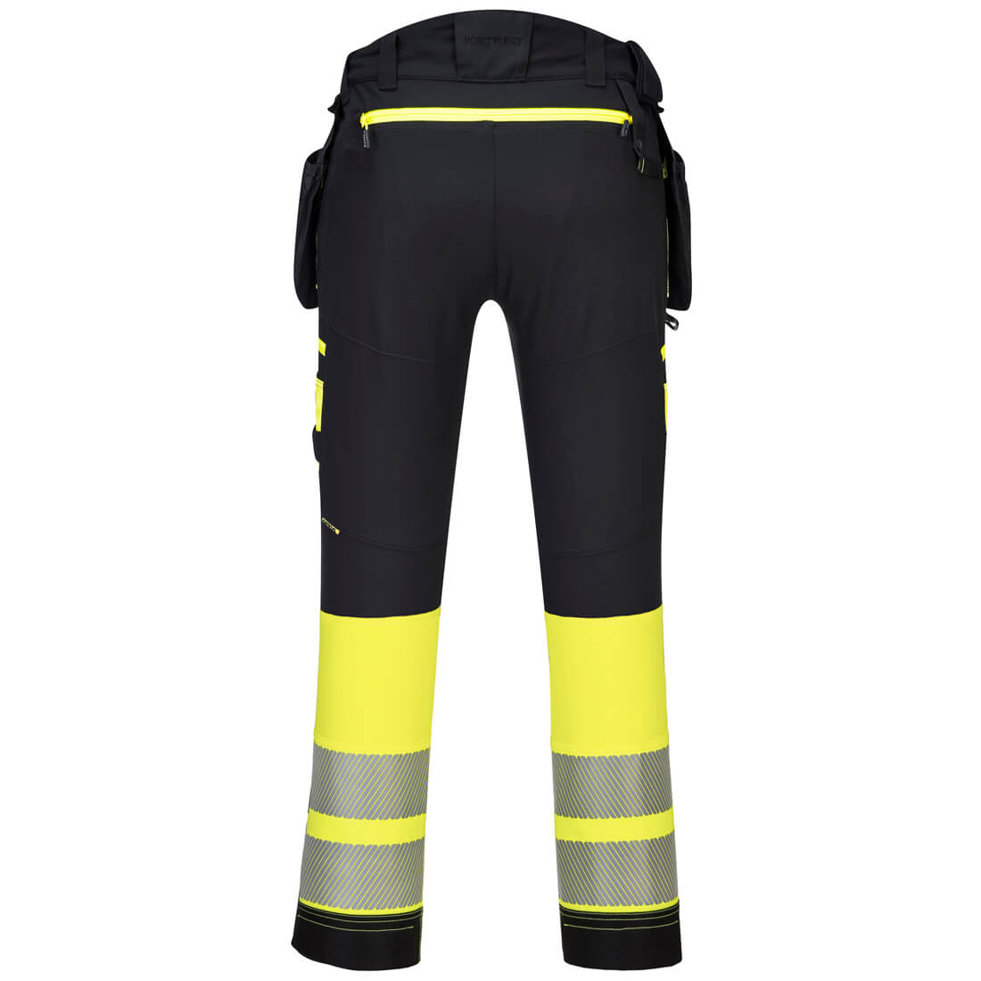 Warnschutzhose, schwarz mit gelben Reflektorbändern an den Beinabschlüssen