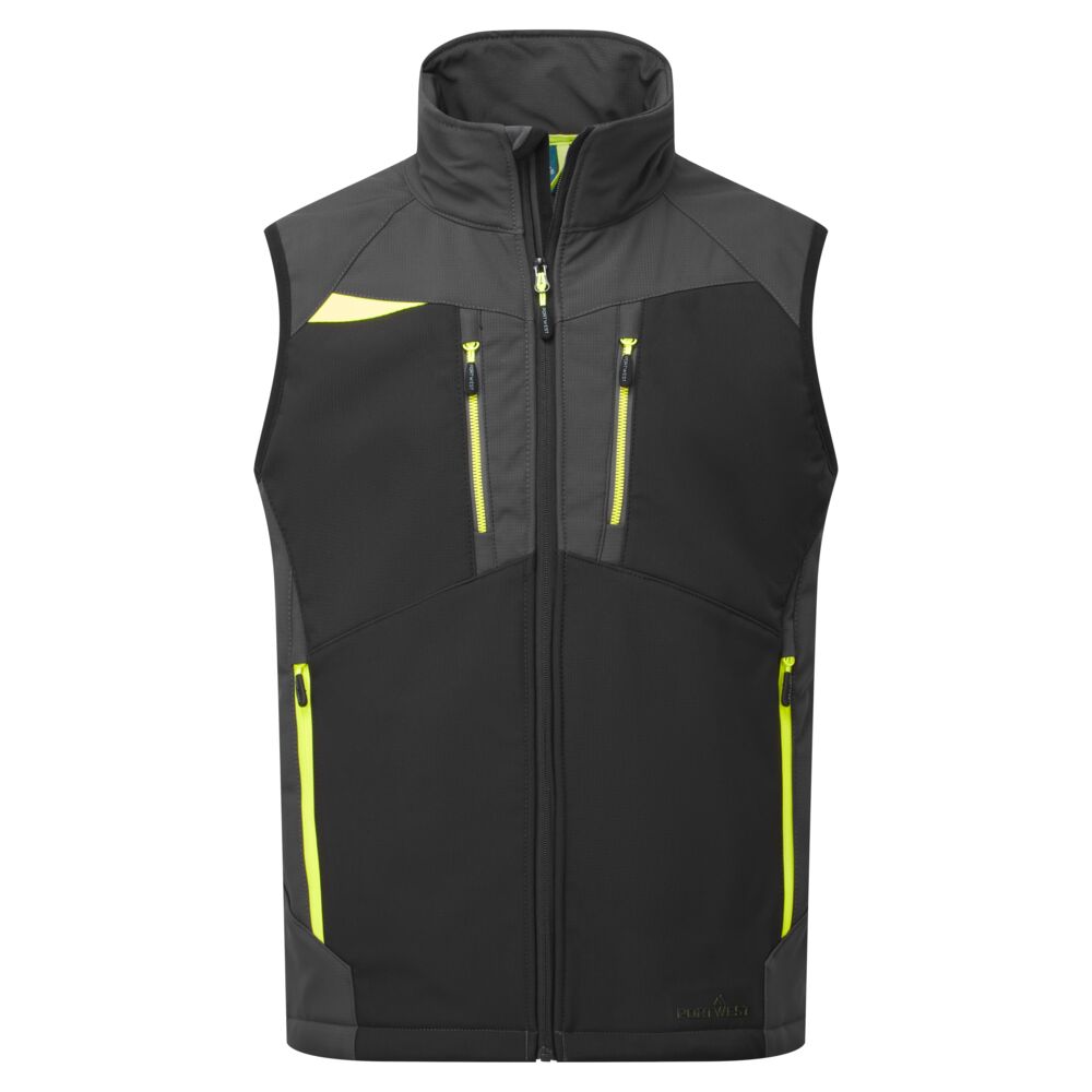 Schwarze Softshell-Weste mit Stehkragen, durchgehendem Reißverschluss und neon gelben Einsätzen
