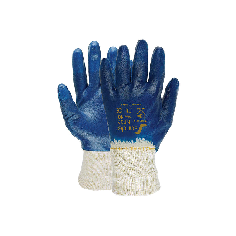Nitrilhandschuhe, blau vollbeschichtet, mit Strickbund, paarweise getragen