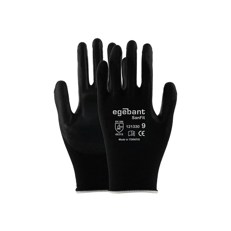Schutzhandschuhe aus Mikroschaum-PU, schwarz, mit egebant SanFit-Logo