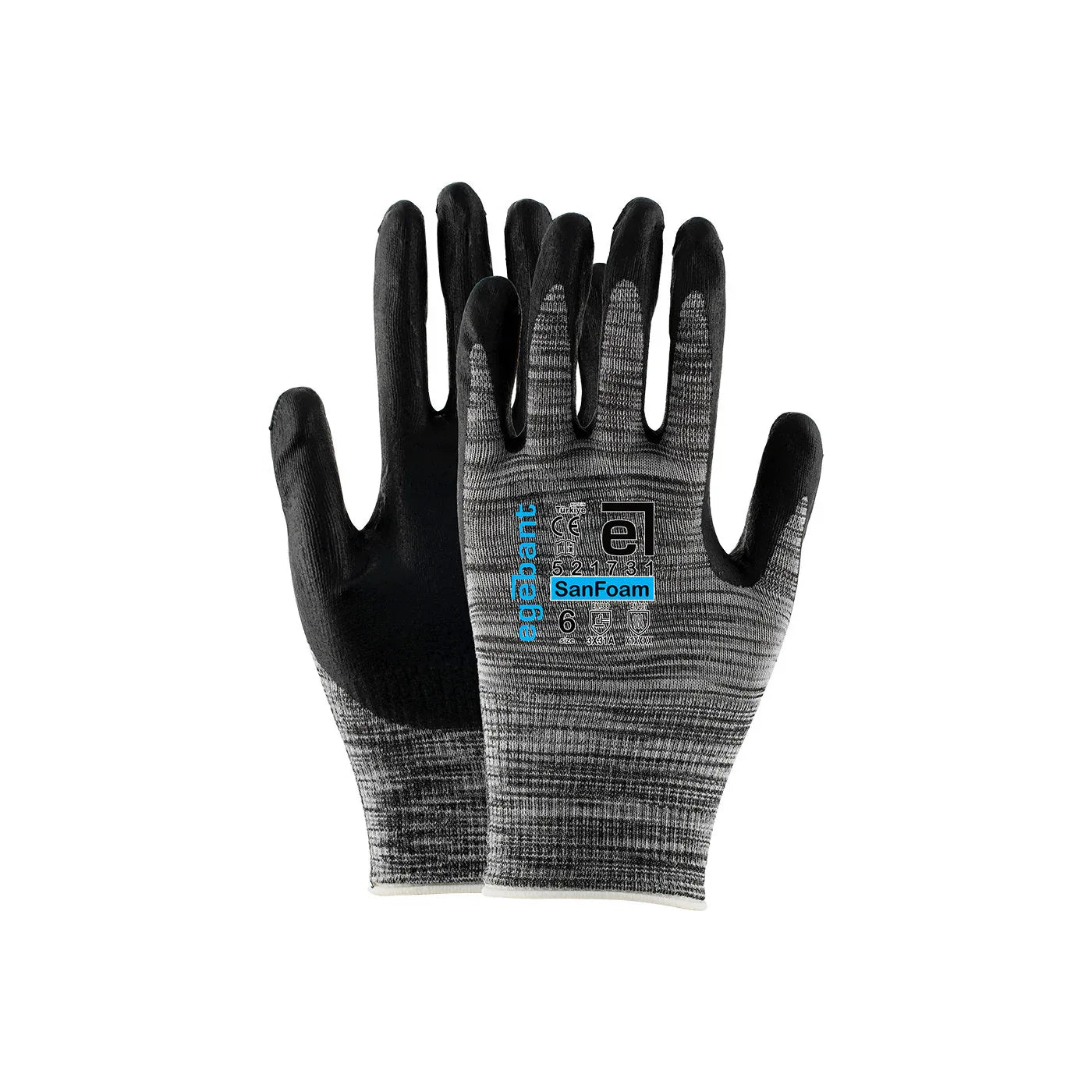 Nitrilschaum-Handschuhe SanFoam: gestrickte Stulpe, schwarze beschichtete Handfläche.