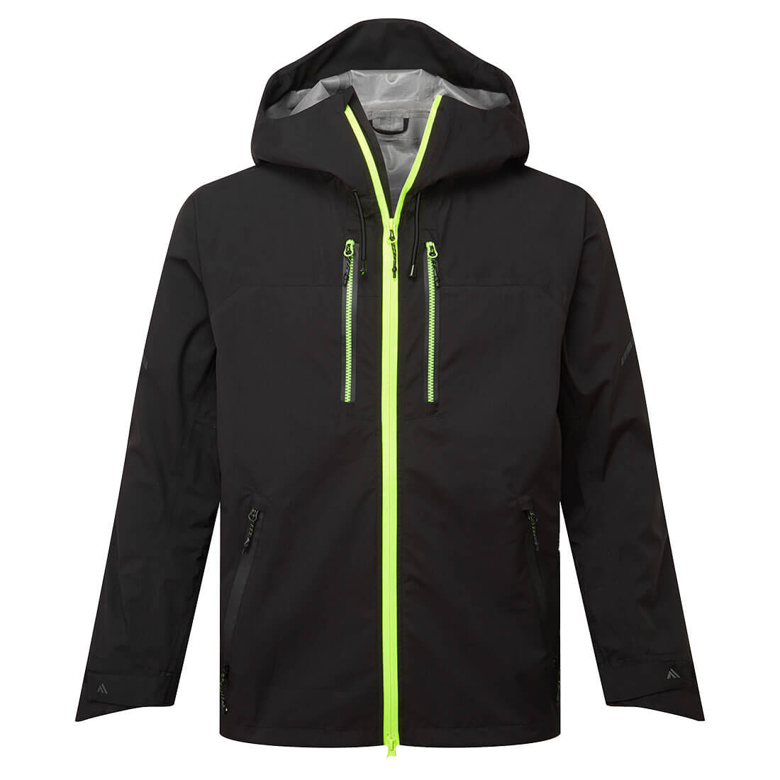 Schwarze Regenjacke mit kontrastierem Neon-Reißverschluss und Kapuze