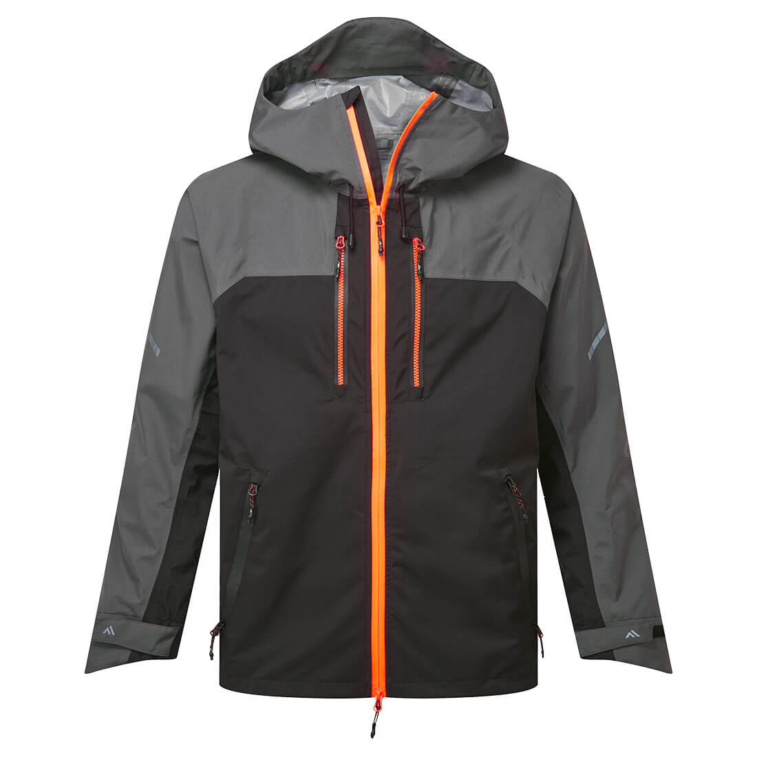 EV4 Shell-Regenjacke, dunkelgrau, mit Kapuze und orangefarbener Frontreißverschluss
