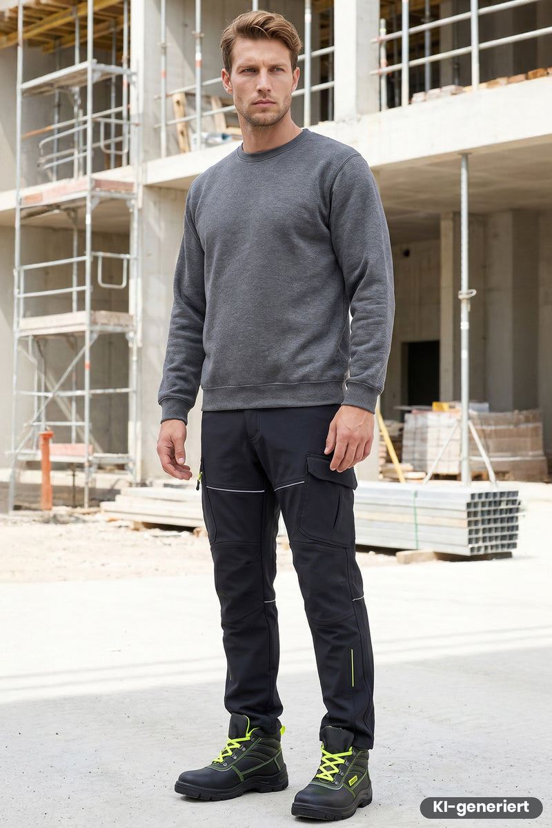 Dunkle Softshell-Bundhose mit langen Beinen und Cargo-Taschen, gelbe Zierkanten