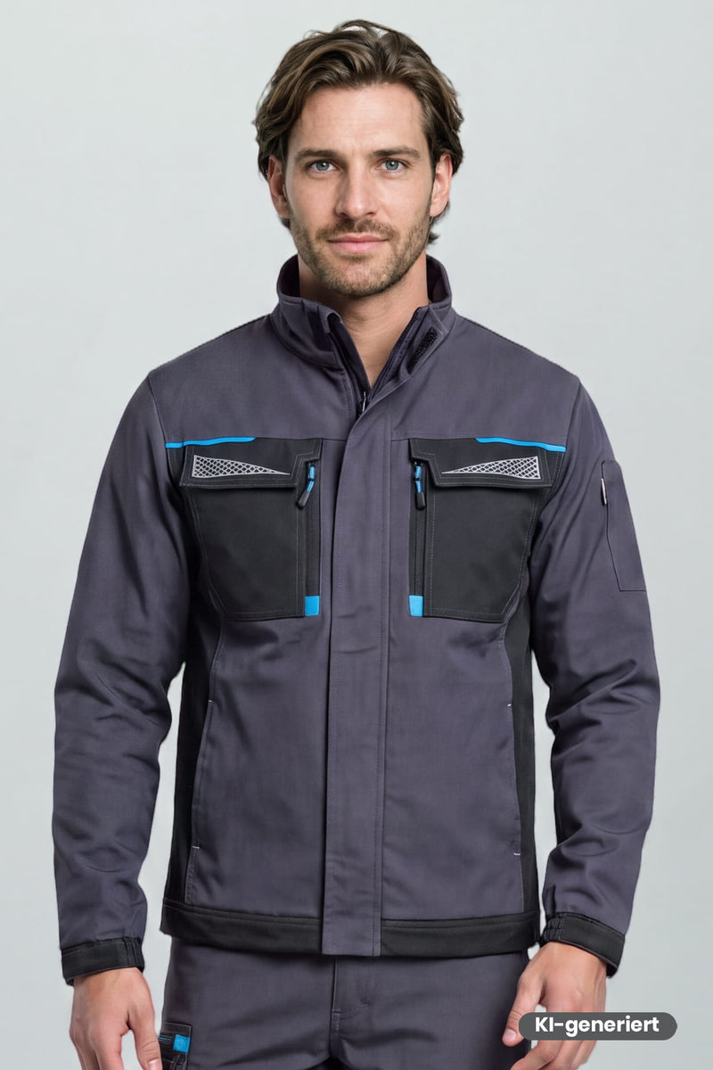 Bundjacke dunkelgrau mit Reißverschluss, Brusttaschen und blauen Akzenten