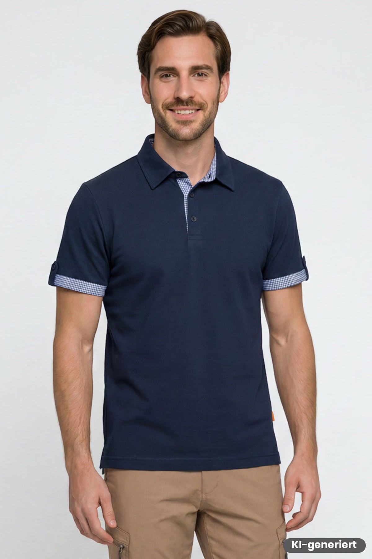Marineblaues Poloshirt mit hellblauem Streifen-Einsatz an Kragen und Ärmelbündchen