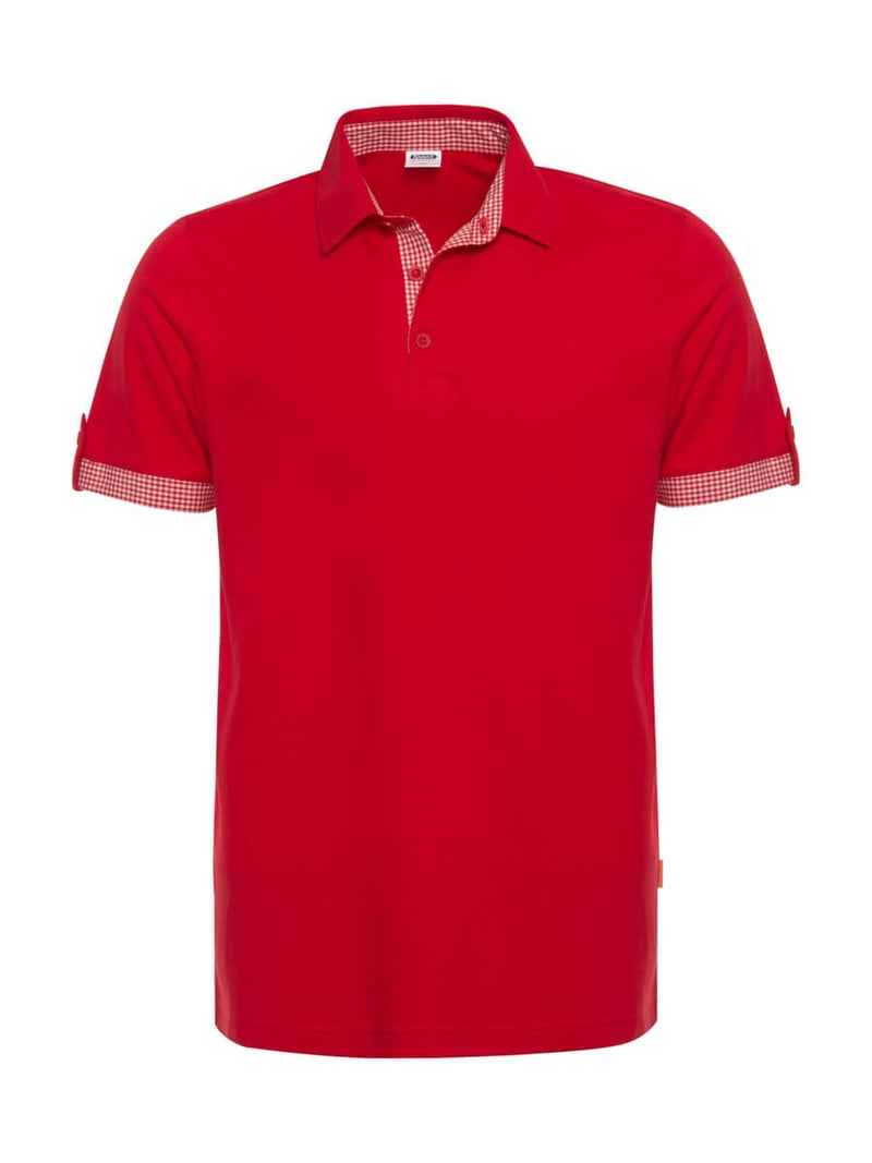 Rotes Poloshirt mit Knopfleiste, Kragen und kariertem Ärmelbund