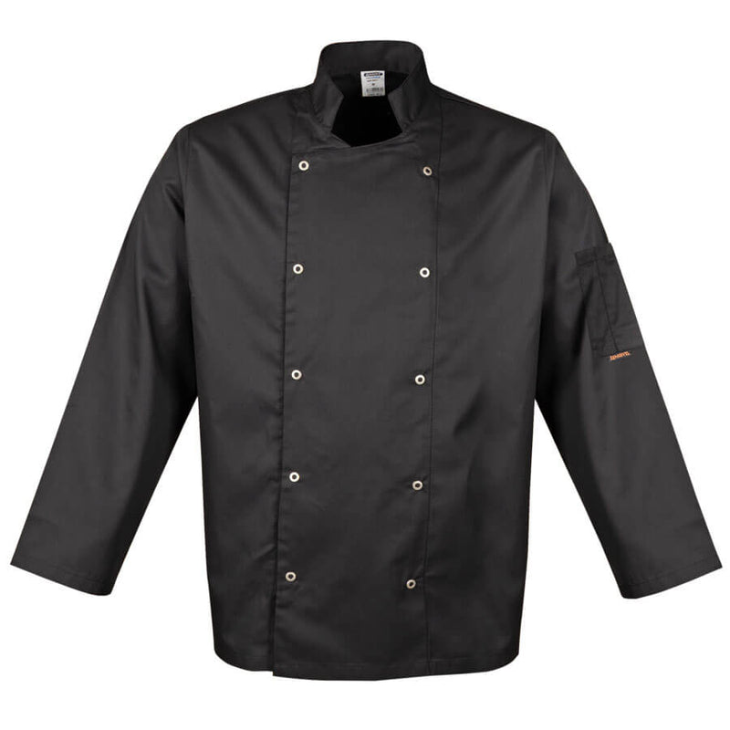 Kochjacke mit langen Ärmeln, schwarze Kochbekleidung, doppelte Knopfleiste