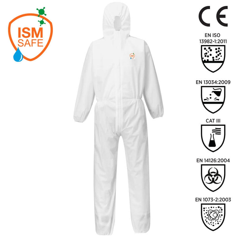 Einwegschutz-Overall mit Kapuze, weiß, komplett geschlossen, lange Ärmel und Beine