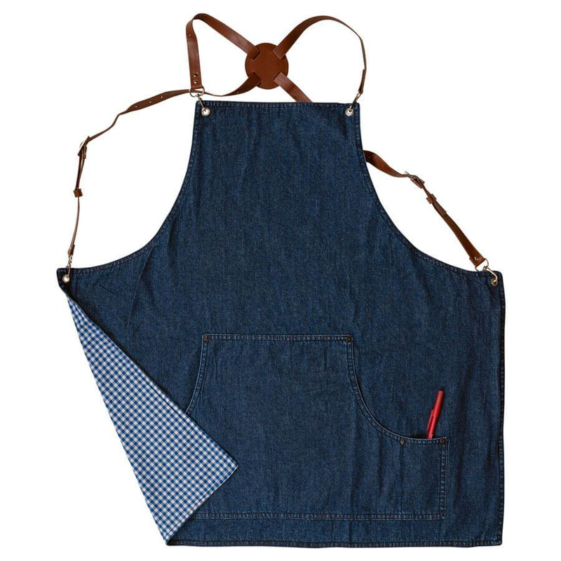 Blaue Baristaschürze aus Denim mit Lederriemen und Karofutter