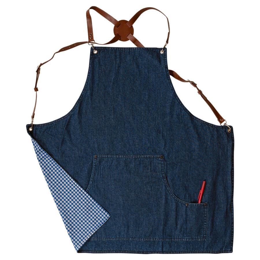 Blaue Baristaschürze aus Denim mit Lederriemen und Karofutter