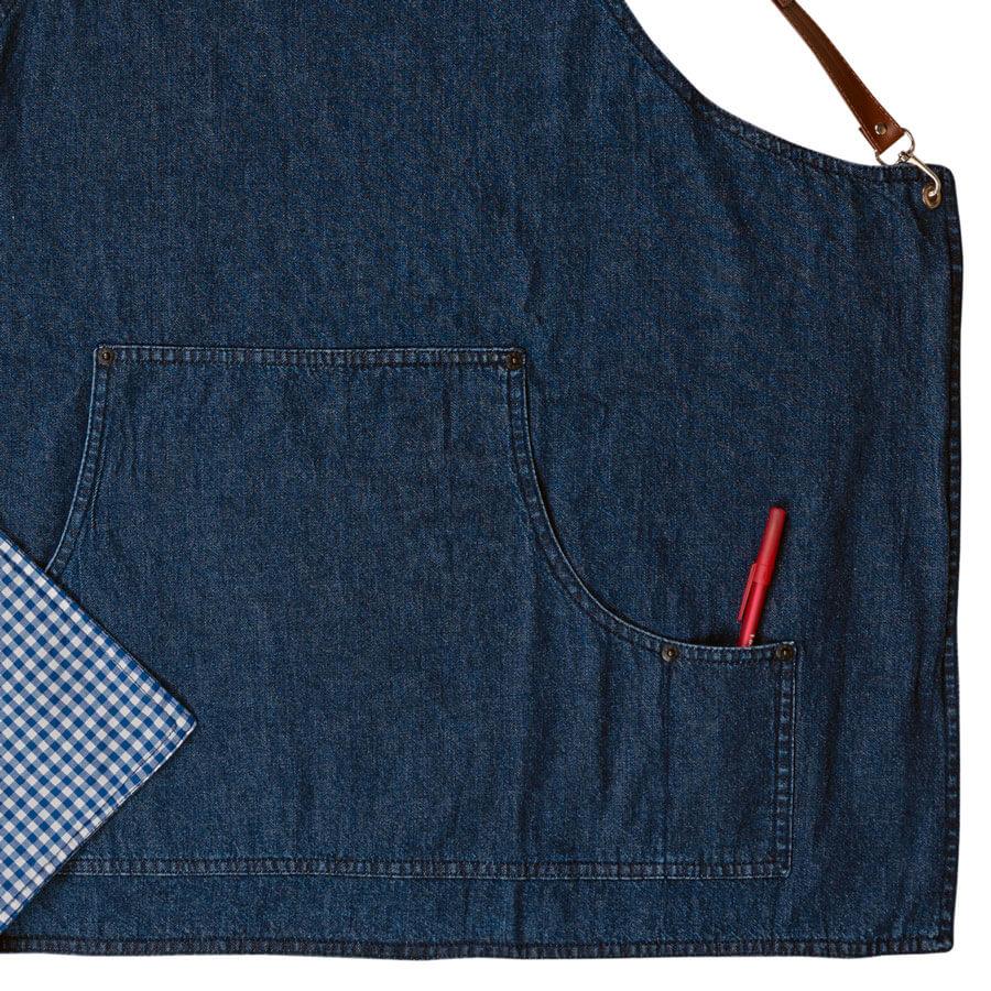 Blaue Baristaschürze aus Denim mit Fronttasche und Stifteinsatz
