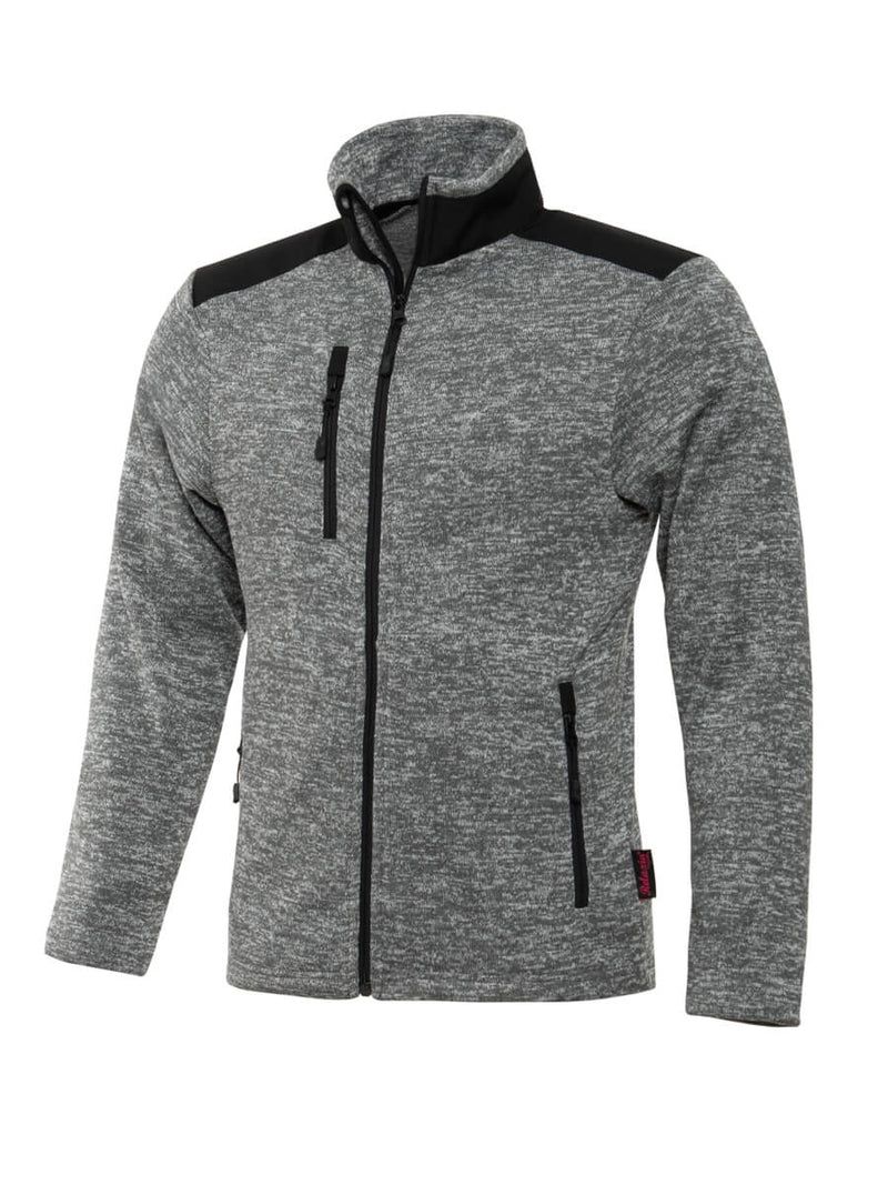 Grau melierte Strickfleece-Jacke mit Kapuze, durchgehendem Reißverschluss und schwarzen Details
