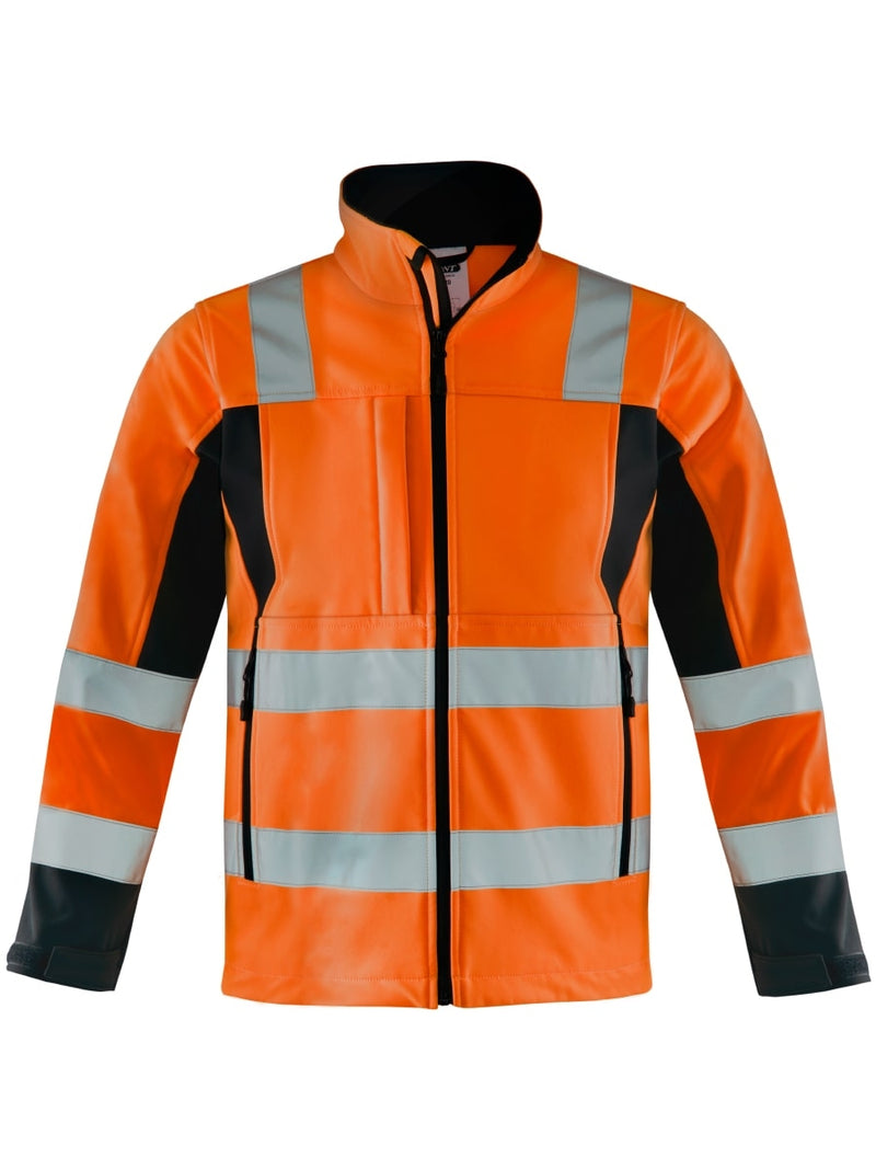 Softshelljacke orange/schwarz mit Kapuze und reflektierenden Streifen