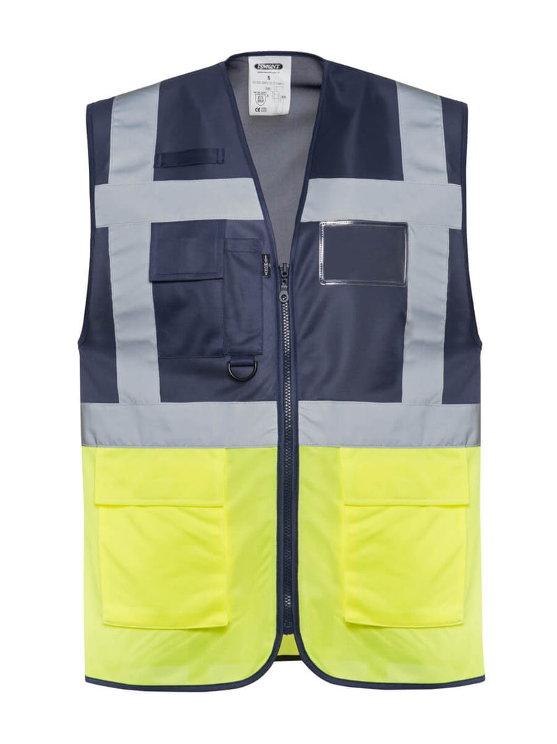 Warnweste marineblau mit gelben Einsätzen, Frontreißverschluss und mehreren Taschen