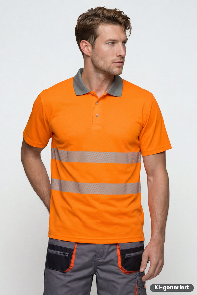 Warnschutz-Poloshirt, orange mit Reflexstreifen, Kurzarm und Knopfleiste
