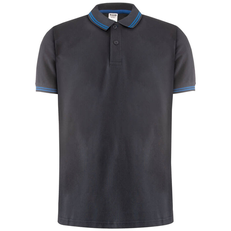 Kontrast-Poloshirt aus dunkelgrauem Jersey mit blauem Kragen und Ärmelsaum