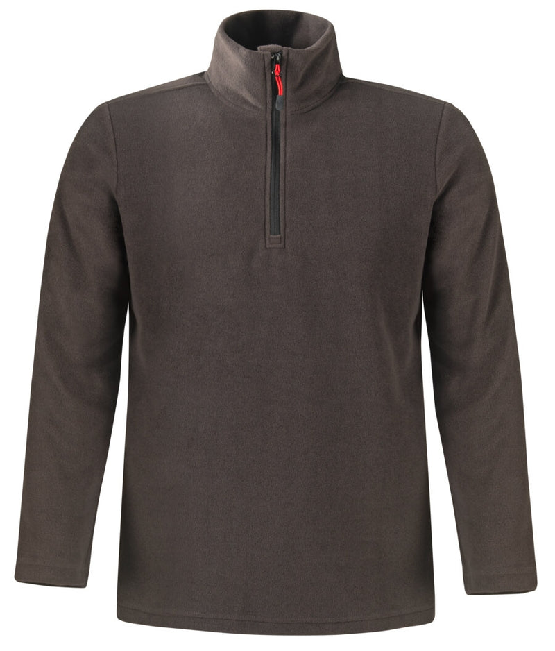 Anthrazitfarbener Fleece-Pullover mit Stehkragen und halbem Reißverschluss, langarm