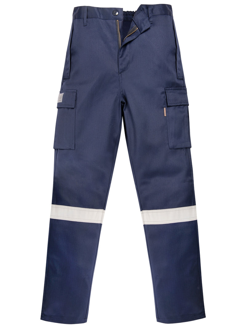 Flammhemmende Bundhose dunkelblau mit Knopf, Cargotaschen und Reflexstreifen