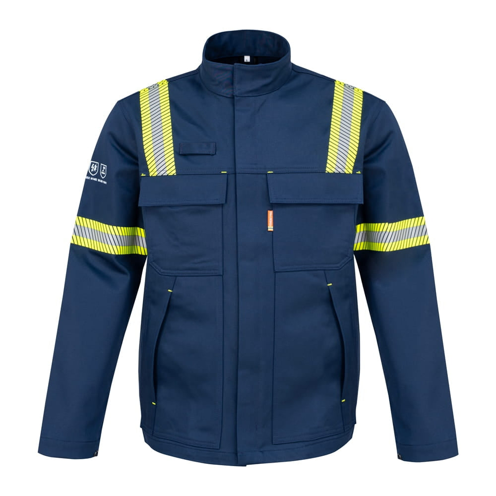 Marineblaue Schweißerjacke mit gelben Reflexstreifen und zwei Brusttaschen