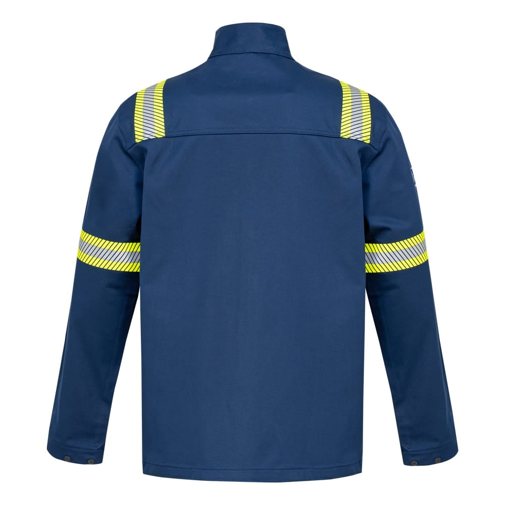 Marineblaue Schweißerjacke mit gelben Reflexstreifen, Rückansicht