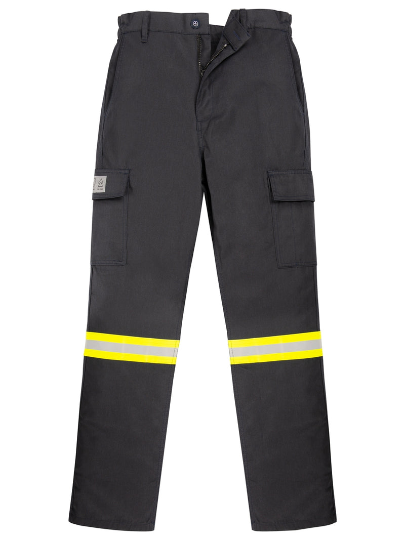 Bundhose in dunklem Farbton mit gelben Reflexstreifen, Taschen und Knieverstärkung