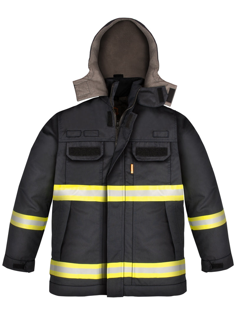 Warnschutz-Parka mit Kapuze, gelb-weißen Reflexstreifen und Frontreißverschluss, dunkelblau