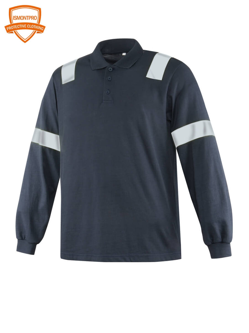 Flammhemmendes Langarm-Poloshirt in Marineblau mit reflektierenden Schulter- und Ärmelstreifen