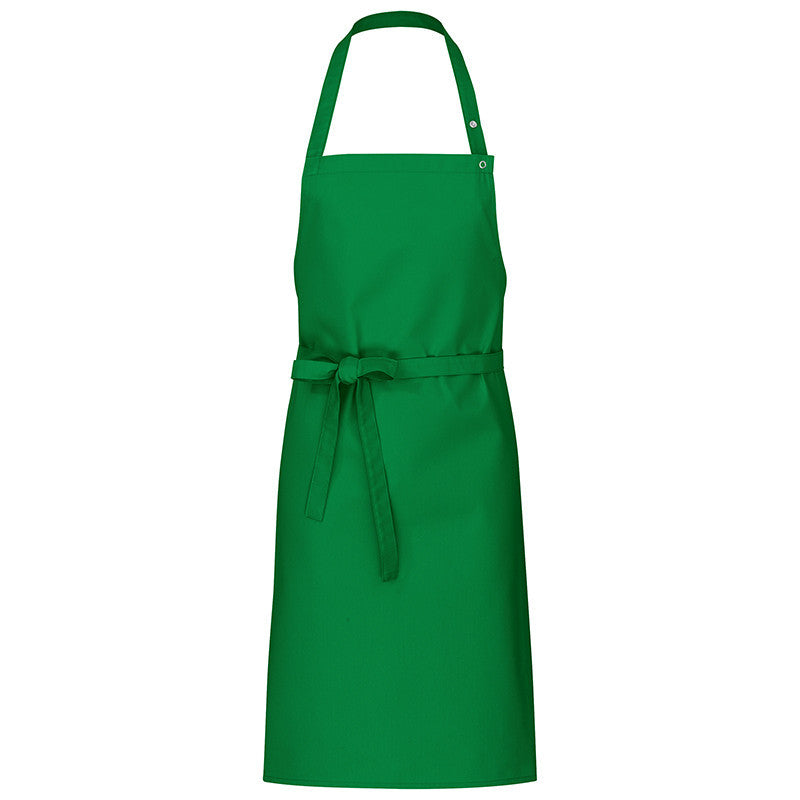 Grüne Latzschürze mit Druckknopf am Hals und Bindeband in der Taille
