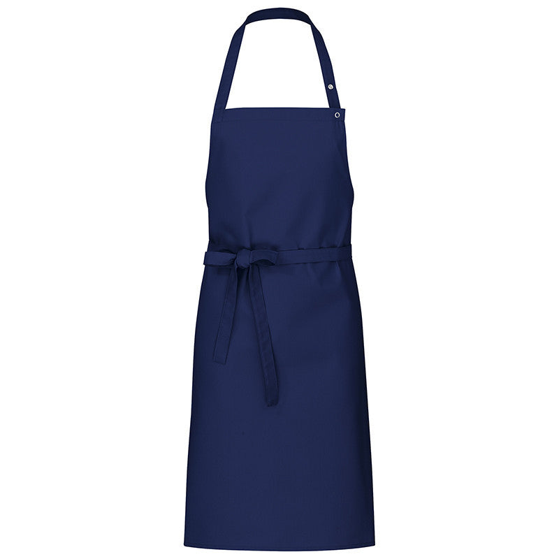 Dunkelblaue Latzschürze mit Druckknopf am Hals und Bindeband in der Taille
