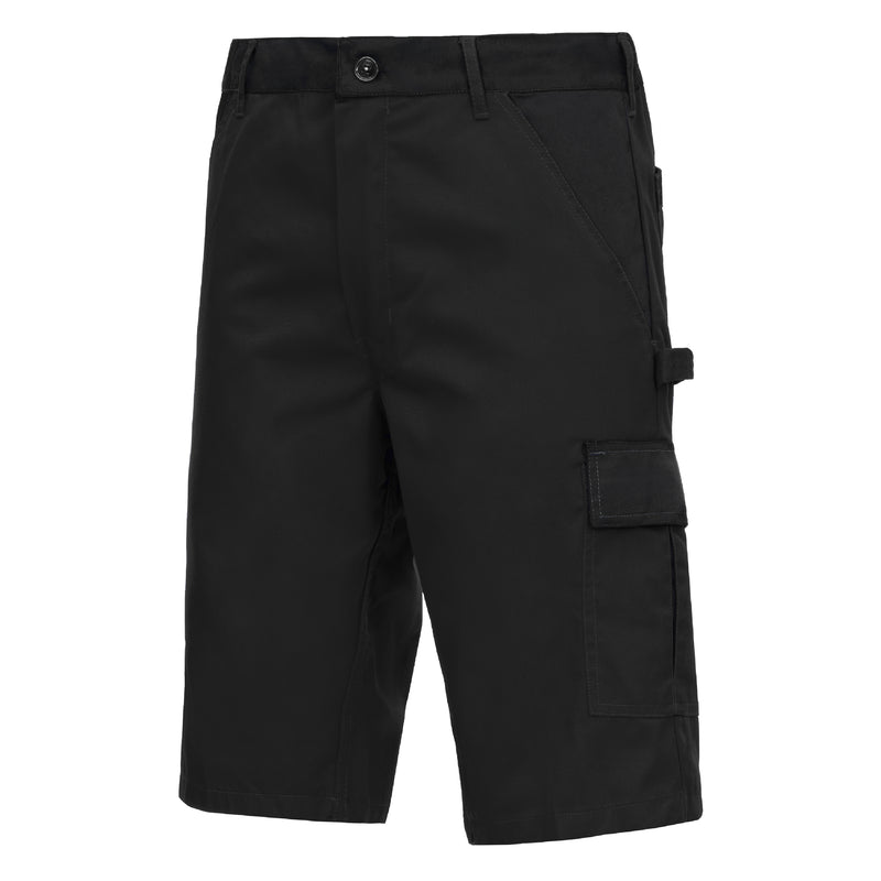 Schwarze kurze Arbeitshose mit Knopfverschluss und seitlichen Cargo-Taschen