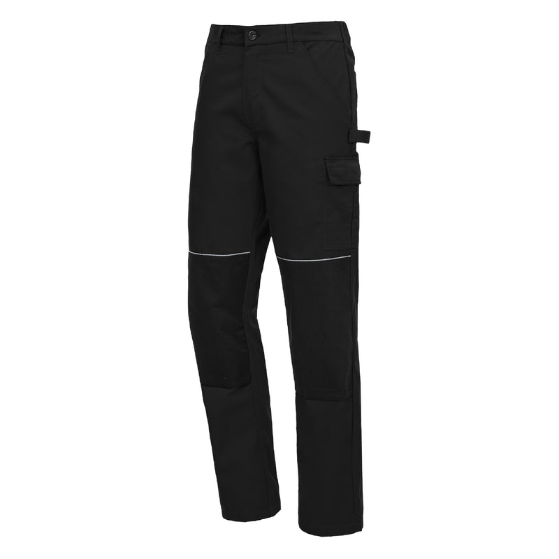 Lange schwarze Arbeitshose mit Cargo-Bundtaschen und reflektierenden Nähten